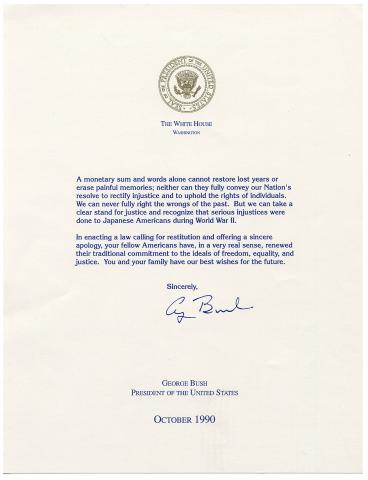 Letter from President George H. W. Bush to former internees, 1990