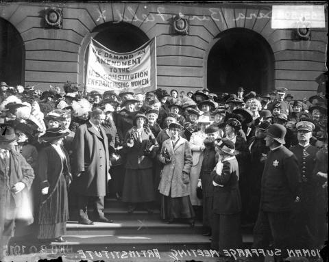 Sara Bard Field speaking at suffrage event, c. 1915