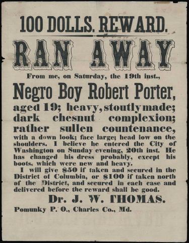 Runaway slave poster, c.1850-60