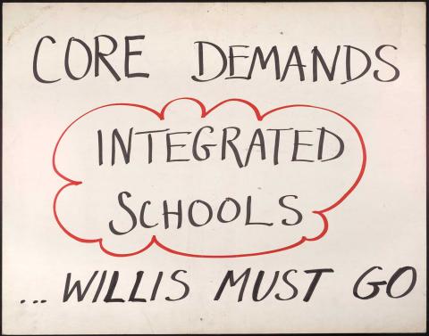 Handmade protest sign, supporting integrated schools, 1965