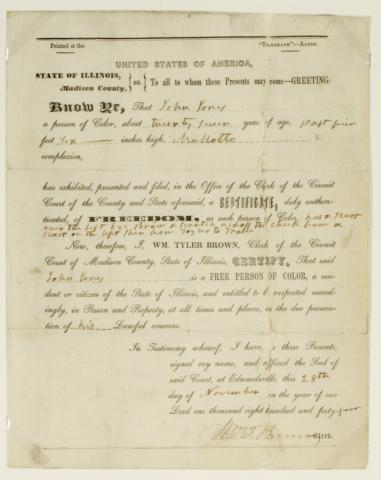 John Jones’s freedom certificate, 1844