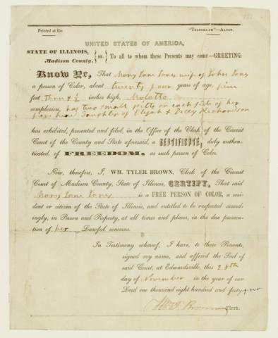 Mary Richardson Jones’s freedom certificates, 1844