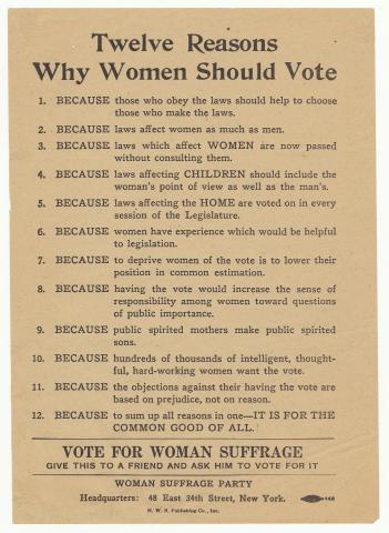 Twelve Reasons Why Women Should Vote flyer, c. 1915
