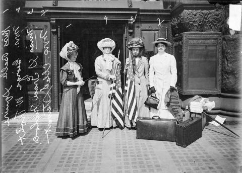 Suffrage activists Belle Squire, Grace Wilbur Trout, Grace Nichols, and Ella S. Stewart, 1910
